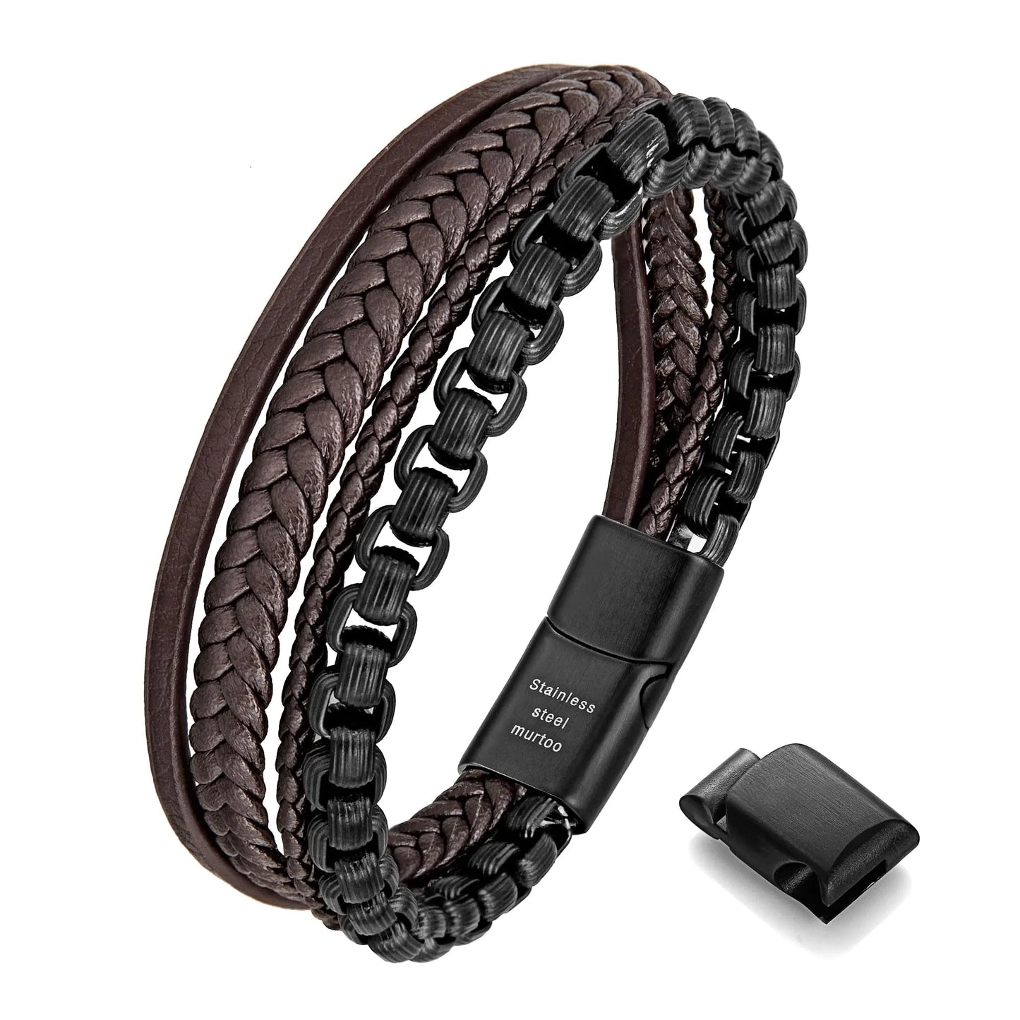 murtoo Mens Bracelet leather and Steel Stainless Steel Chain and Leather Bracelets for Men (Brown Leather&Black Chain 7.87")