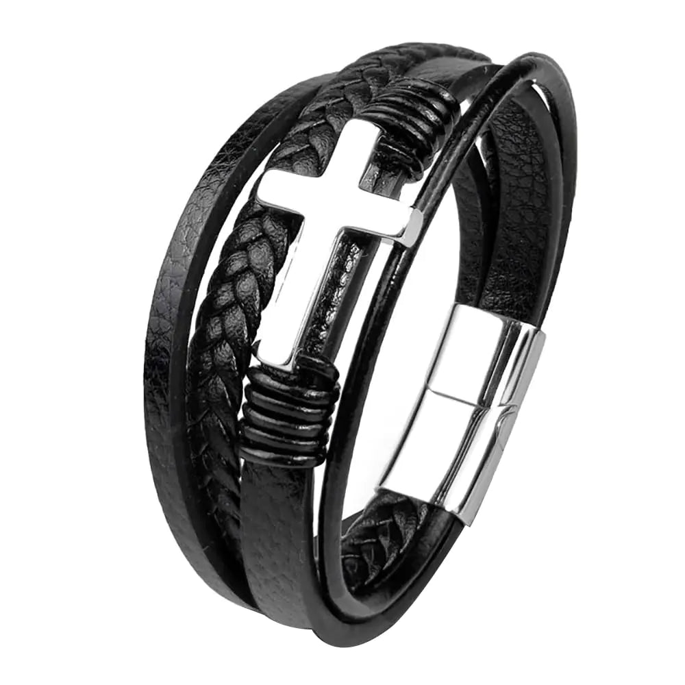 Jennoria Mens Black Leather Bracelet Multi-Layer Braided Leather Cross Bracelet Religious Confirmation Gifts (Black Leather Silver Cross 8.07)