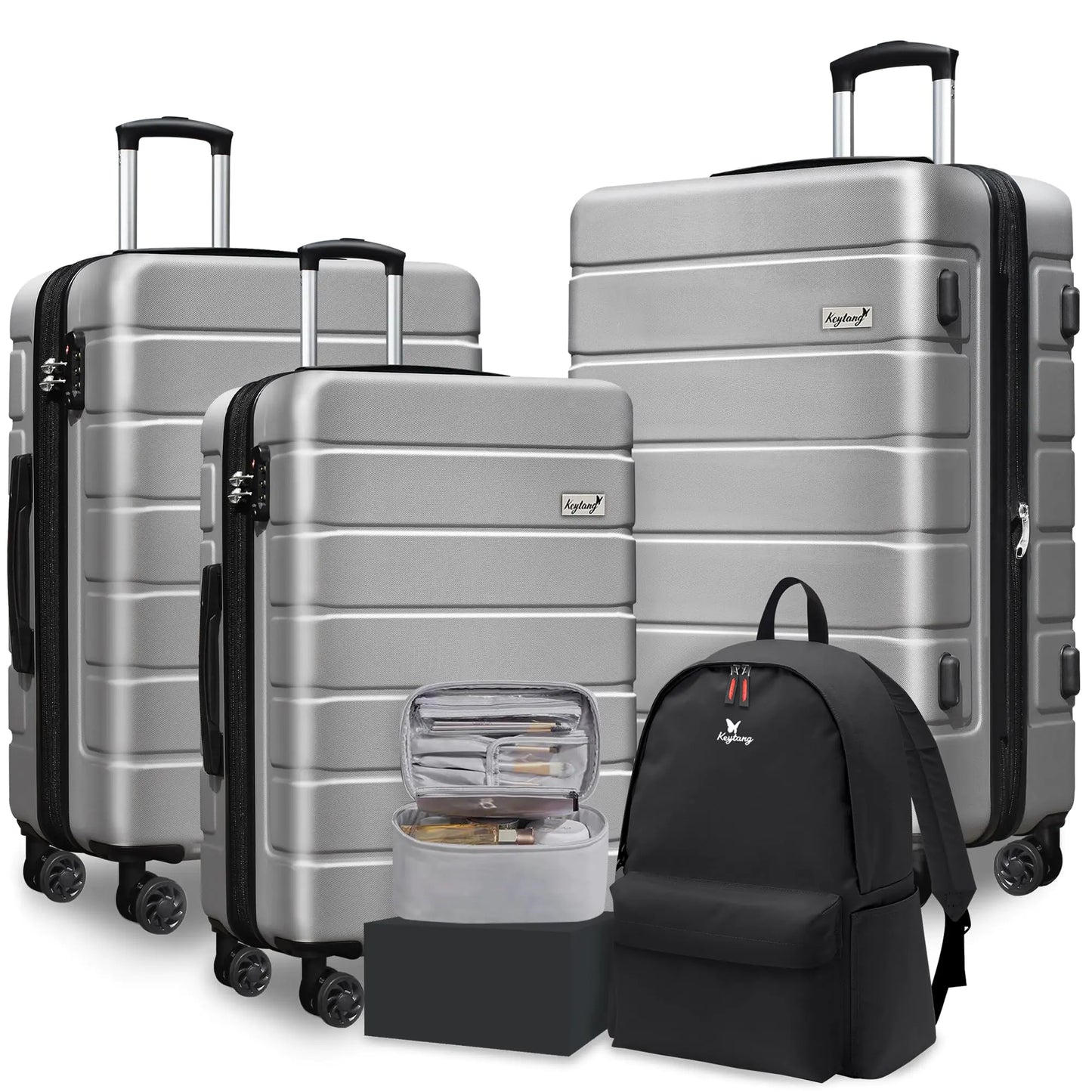 KEYTANG Explorer Lightweight Hardside Expandable Luggage Spinner Wheels Suitcase W/TSA Lock Silver 5 Piece Set