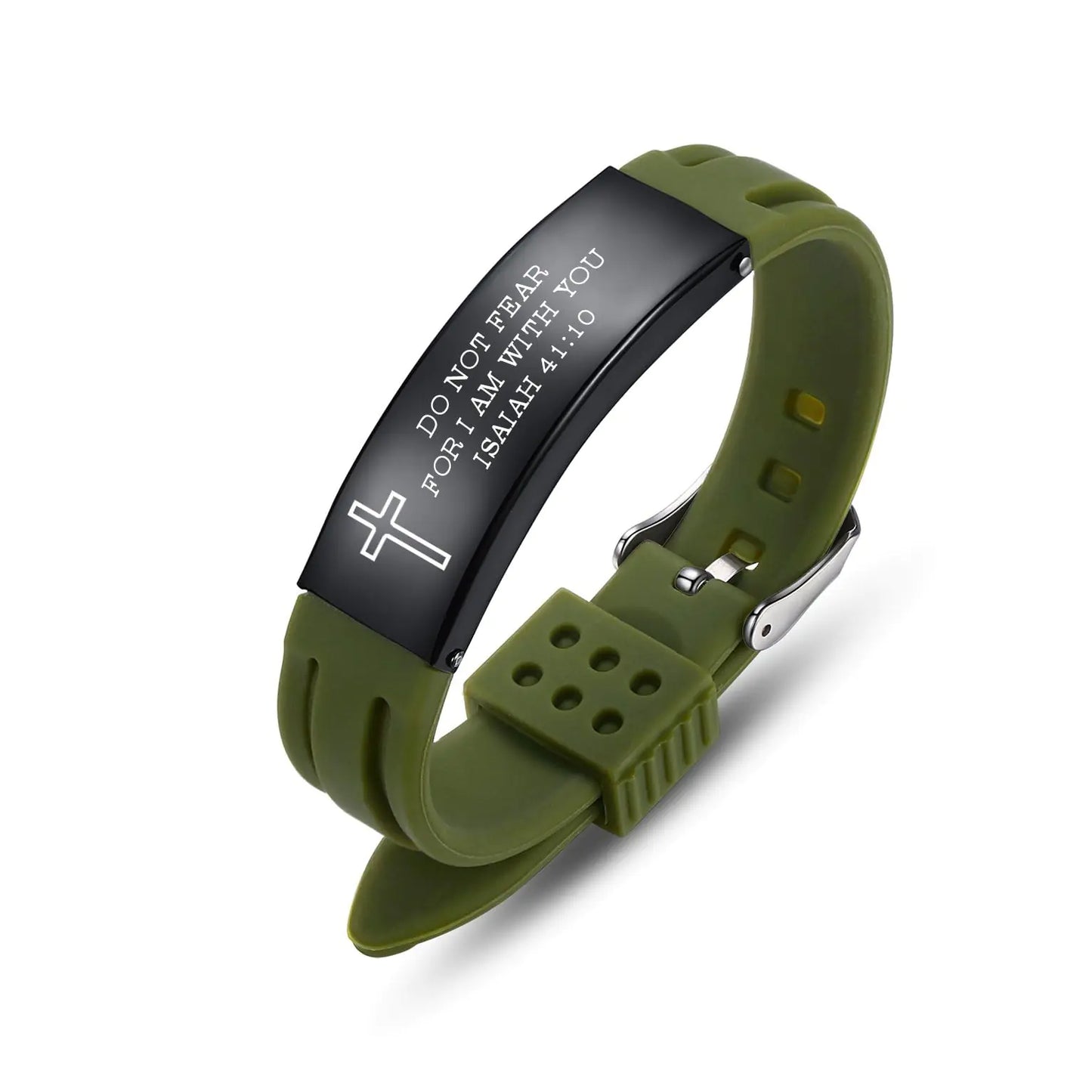AOAMID Stainless Steel Sport Bible Verse Bracelet Silicone Mantra Quotes Christian Gifts – Christian Bracelet for Men and Women (GreenDo Not Fear)