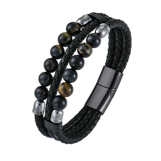 VA JENT Mens Leather Braided Tiger Eye Bead Bracelet Stainless Steel Clasp Cuff Bracelets Gift for Men HimColor 4