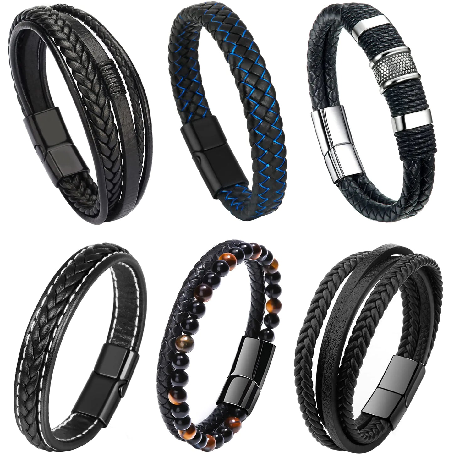 RIOSO 6 Pieces Mens Leather Bracelet Stainless Steel Multi-layer Braided Black Leather Bracelets for Men