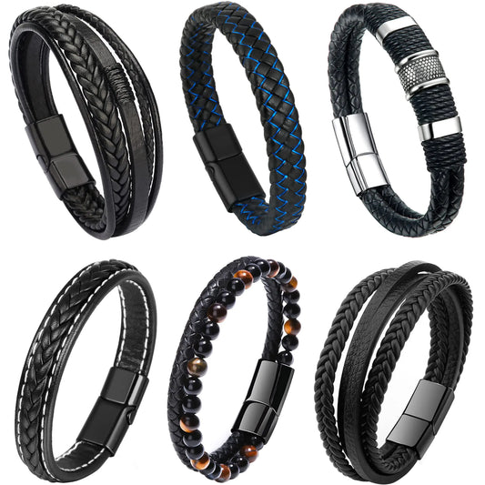 RIOSO 6 Pieces Mens Leather Bracelet Stainless Steel Multi-layer Braided Black Leather Bracelets for Men