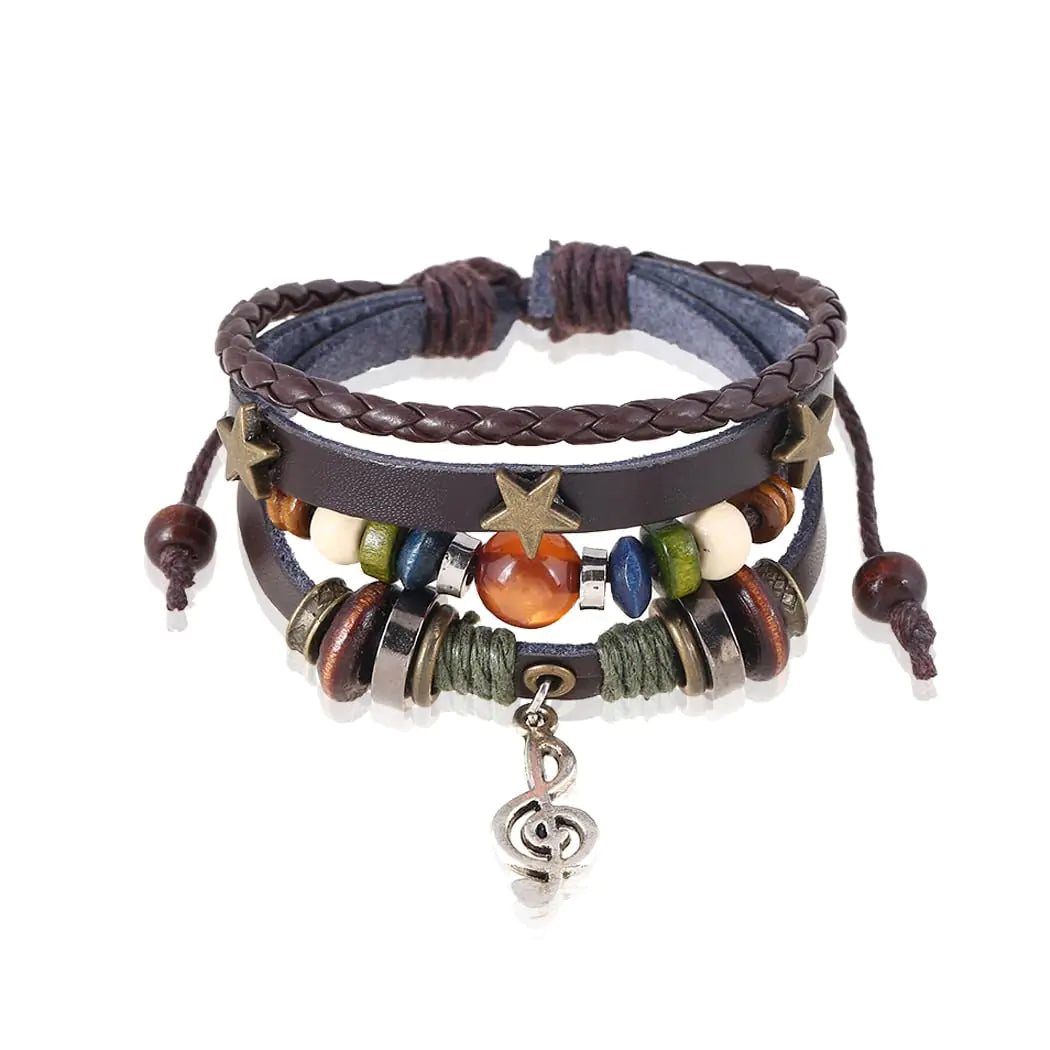 Dmaiy Leather Music Bracelets Braided Beaded Bracelet Black Stackable Bracelets for Women and Men (Brown music)