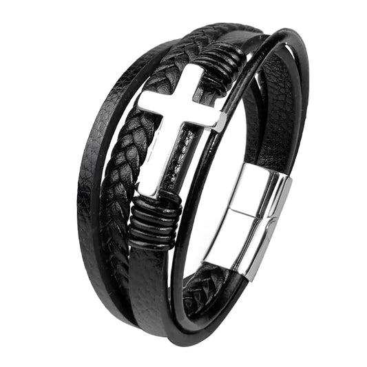 Jennoria Mens Black Leather Bracelet Multi-Layer Braided Leather Cross Bracelet Religious Confirmation Gifts (Black Leather Silver Cross 8.07)