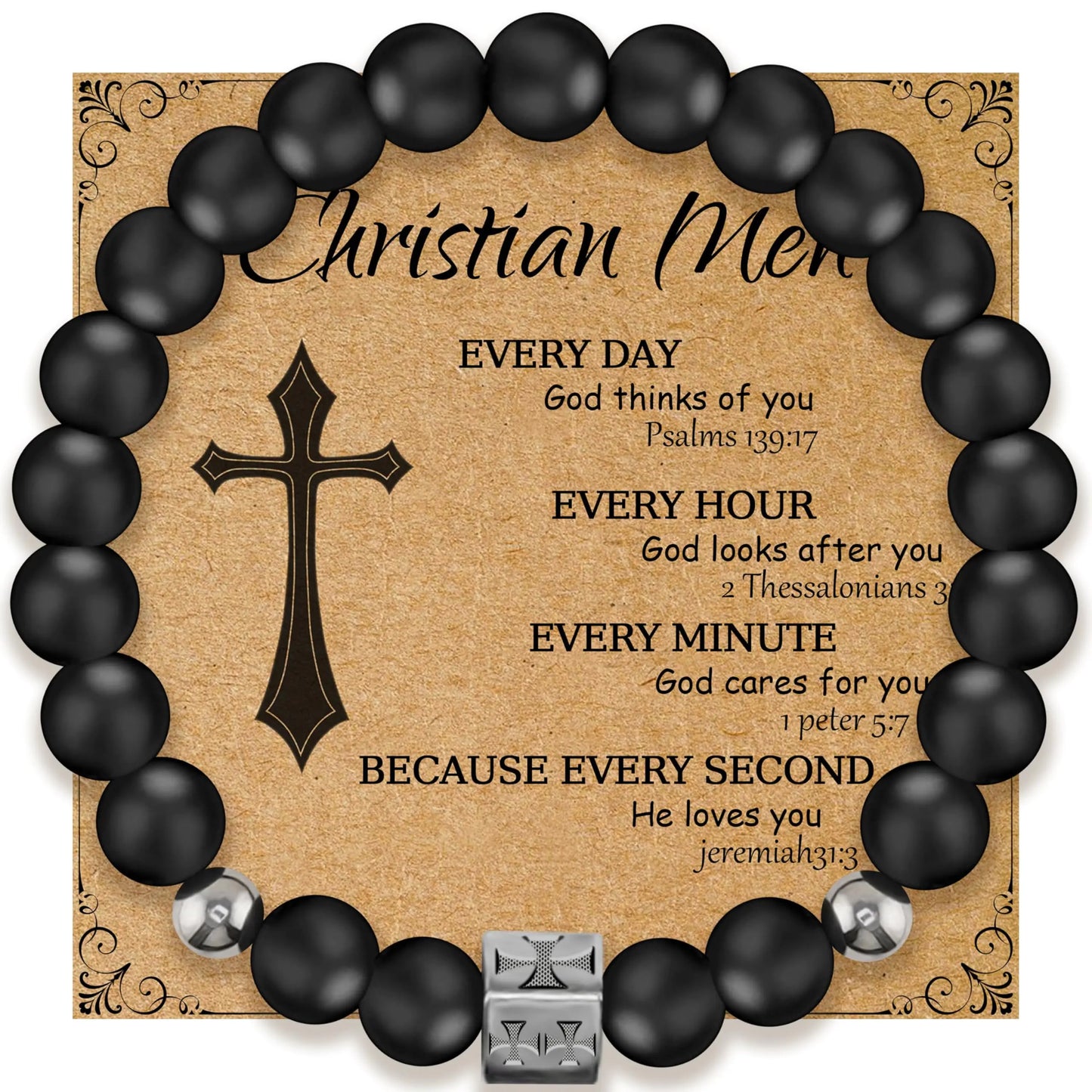 Religious Bracelet 8mm Black adjustable Beaded Cuff Charm Bracelets for son Husband Elegant Cross Bracelet (Christian Men 3)