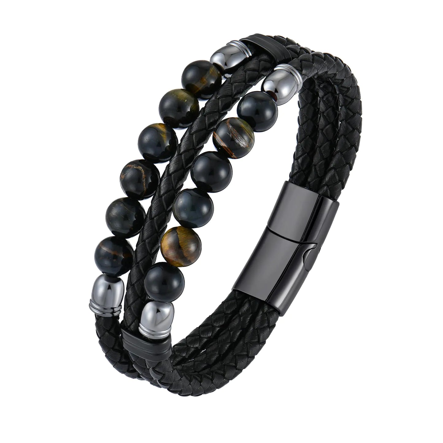 VA JENT Mens Leather Braided Tiger Eye Bead Bracelet Stainless Steel Clasp Cuff Bracelets Gift for Men HimColor 4