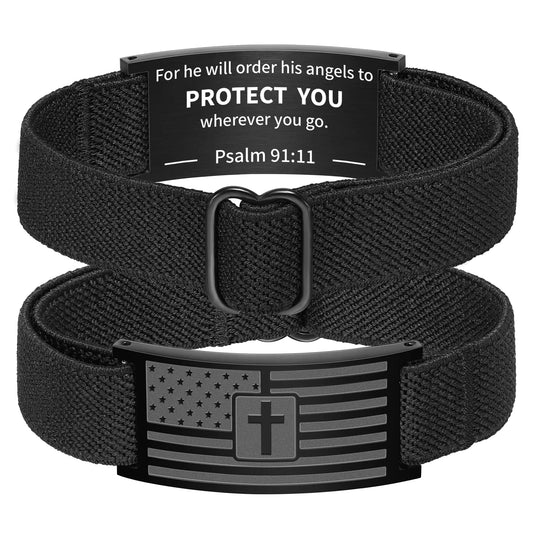 Zocomi Cross Bracelet for Men Boys Black American Flag Elastic Stretch Band Bracelets Bible Verse Christian Religious Wrist Jewelry Easter Gifts Male Teen Teenage Kids Age Son paslm 91:11