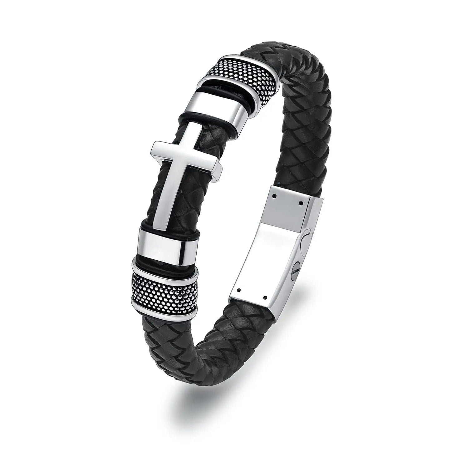 Oinsi Mens Double-Band Black Braided Leather Bangle Bracelets Cremation Jewelry For Ashes Wristband Memorial Urn Bangle With Cross Charm(Silver-22cm)