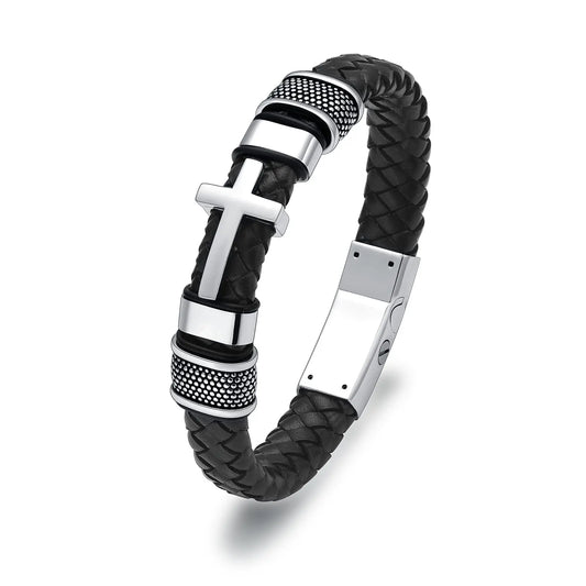 Oinsi Mens Double-Band Black Braided Leather Bangle Bracelets Cremation Jewelry For Ashes Wristband Memorial Urn Bangle With Cross Charm(Silver-22cm)