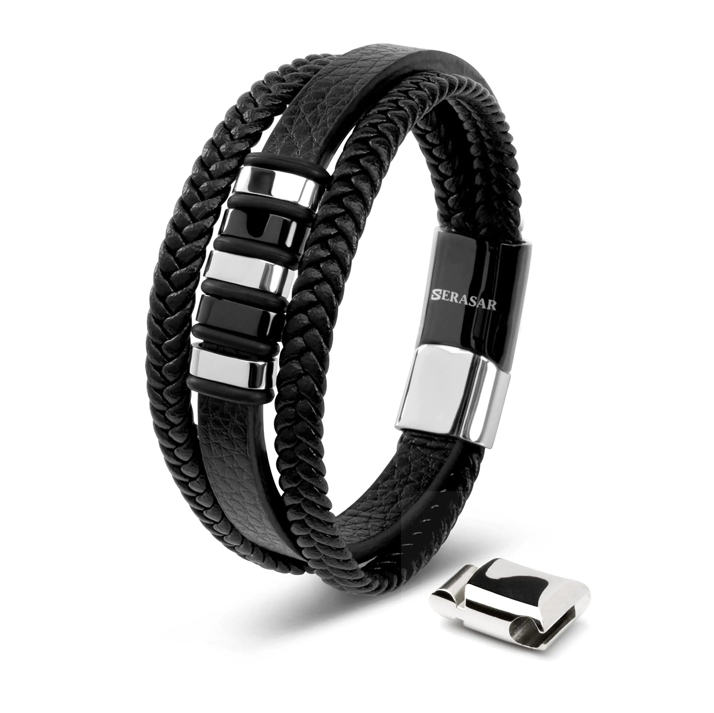 SERASAR 8″ Silver Leather Bracelets for Men - Mens Bracelets Cowhide Gift-Box Braided Bracelet Stainless Steel Jewelry Wrist-Band Cuff Wrap Rope Bangle Dad Pulseras para Hombres Cuero Regalo